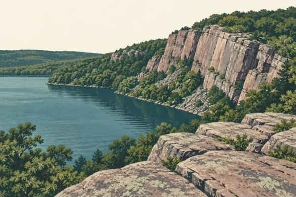 Illustrated lake and rocky bluff landscape