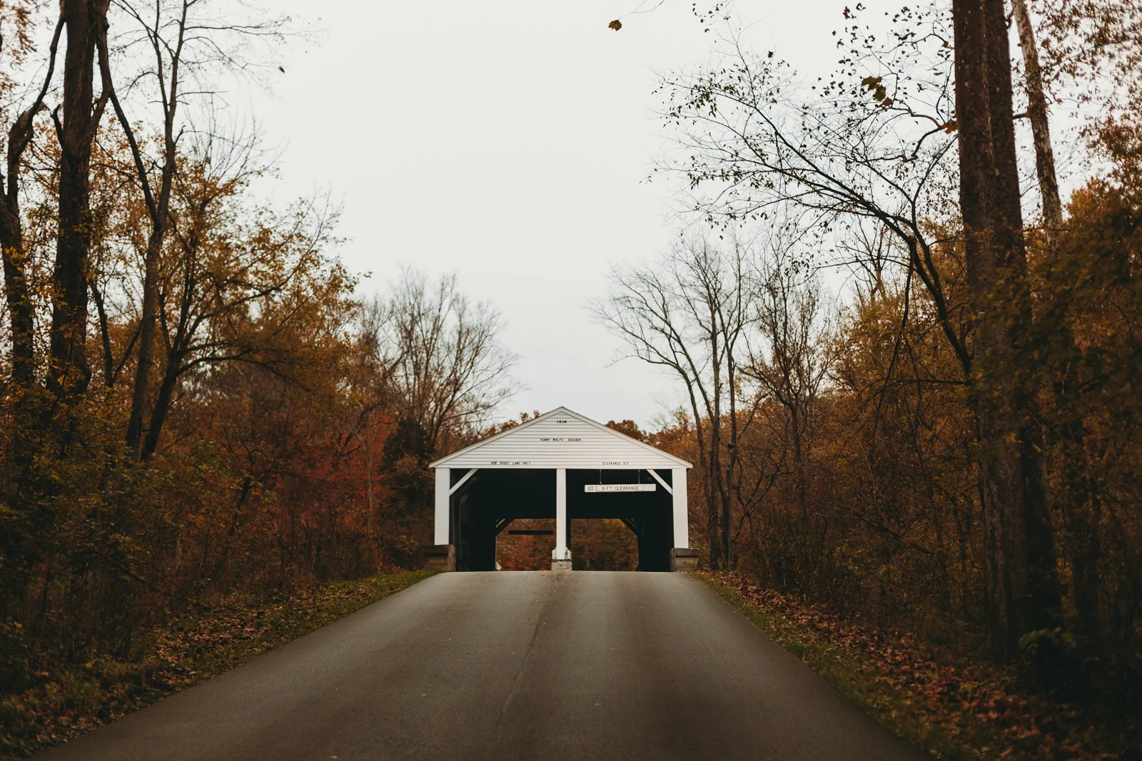 Covered bridge in autumn woodland.