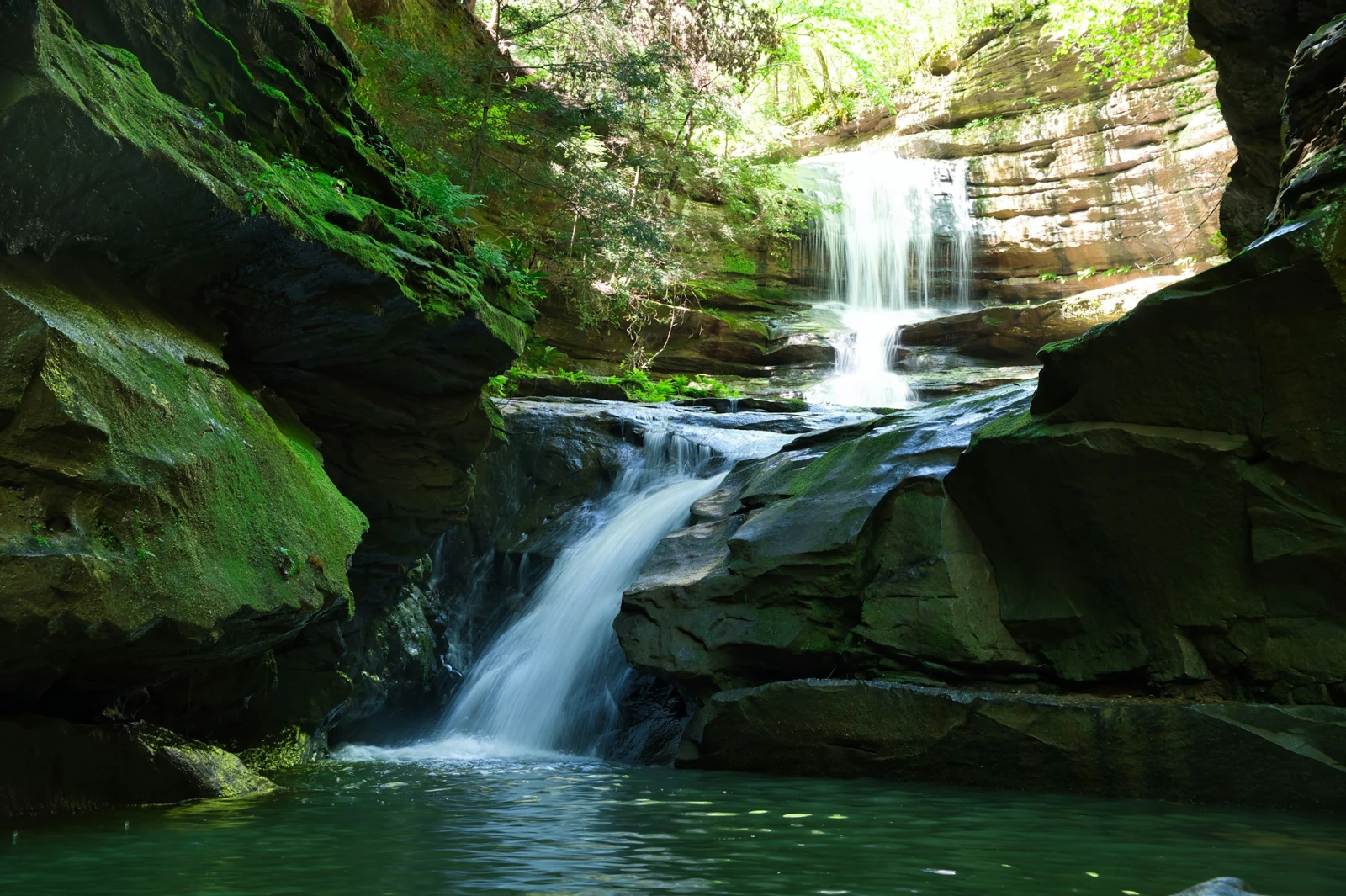 Waterfall in a grotto on Grayson Lake, Kentucky.