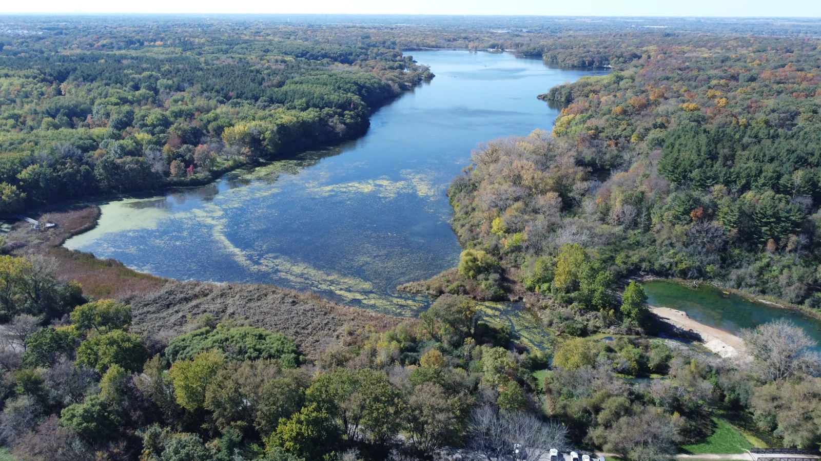 Aerial view of Pierce Lake and surrounding woodland in Rock Cut State Park.